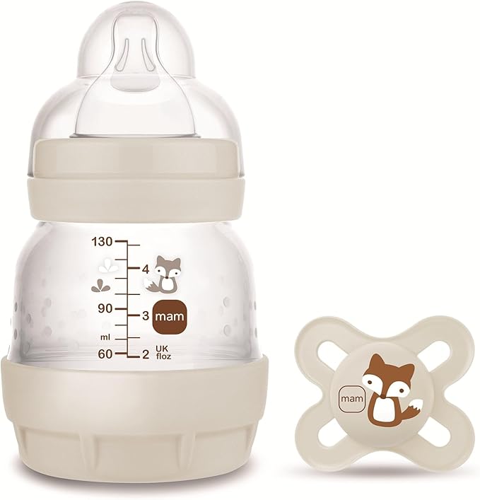 MAM Set Recién Nacido de Biberón Anticólicos, Biberón de 130ml, con Tetina 0 Flujo Extra Lento, Autoesterilizable y Fácil de Limpiar, MAM Easy Start Anti-Colic y Chupete de Silicona 0-2 meses