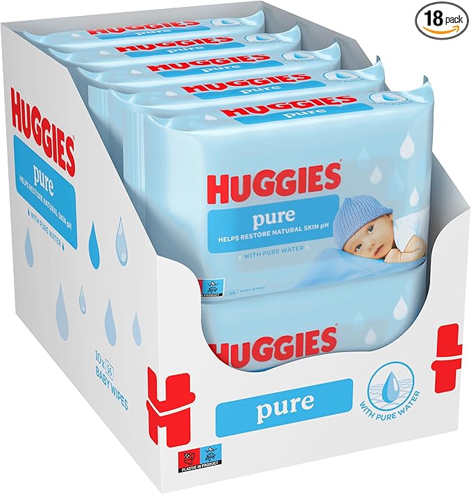 Huggies Pure Toallitas para Bebé, 99% Agua Pura, 18 Packs de 56, Total 1008 Toallitas, packaging may vary