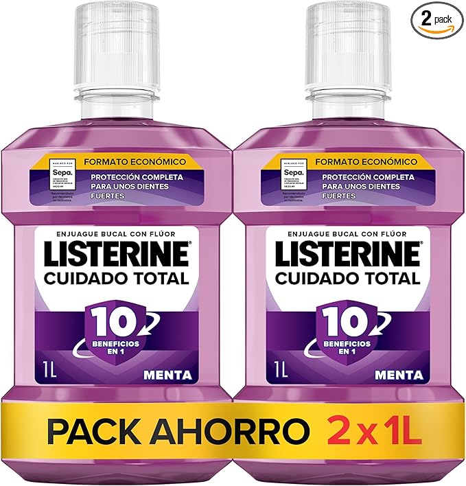 Listerine Cuidado Total (pack de 2 x 1 L), enjuague bucal con flúor, colutorio bucal con 6 beneficios en 1, elixir bucal para una limpieza bucal completa (El embalaje puede variar)