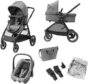 Maxi-Cosi Zelia S Trio Baby Pram, 3 Pieces, 0 - 4 Years, up to 22 kg, Folding, Compact and Reclining Pushchair, with CabrioFix S i-Size Baby Car Seat, Accessories, Changing Bag, Grey