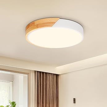 M Ledme - Plafón LED Techo Blanco Redondo 24W con Mando a distancia, Regulable 2700K-6500K blanco frío a cálido, 2400LM, Diseño Blanco con Madera Natural, para Baño, Cocina, Balcón,LM8284