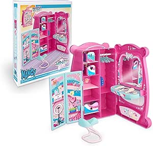 Nancy Vanity Closet, Wardrobe and Dressing Table, Dressing Table with Mirror and Wardrobe with Bars and Drawers for the Doll, Includes Screen, Seat and Clothes Hanger, Famous (NAC94000)
