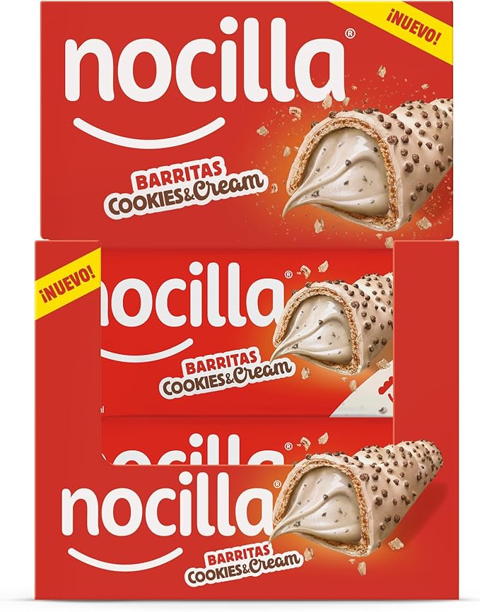 Nocilla, Barritas, Cookies&Cream, Con Crema de Leche y Avellanas y Trocitos de Galleta de Cacao, Sin Aceite de Palma - Pack de 18 Unidades- 774g