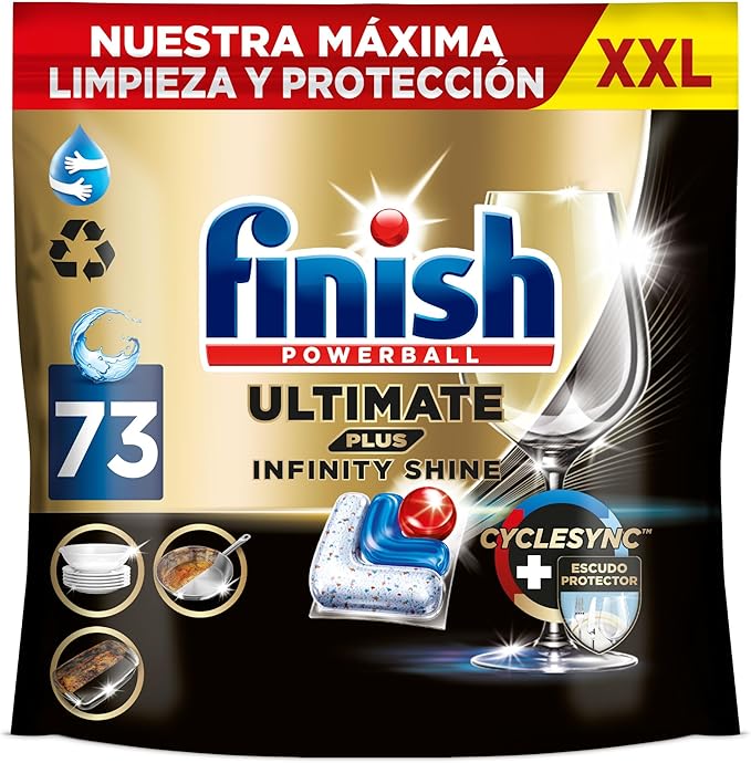 Finish Ultimate Plus Infinity Shine, Pastillas para el Lavavajillas, limpieza y brillo intensivos, y protección del cristal, 73 pastillas