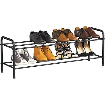 SONGMICS Zapatero de 2 Niveles, Zapatero de Metal, Organizador de Zapatos, para 10-12 Pares de Zapatos, Apilable, Pasillo, 30 x 117 x 34 cm, Negro LSA032B01