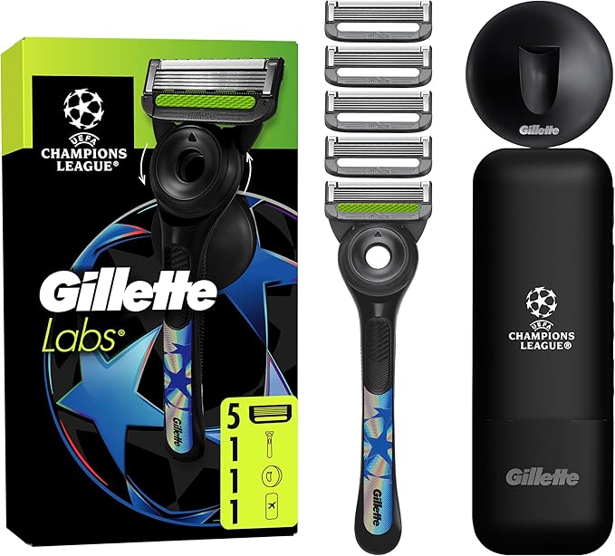 GilletteLabs UEFA Champions League Special Edition Maquinilla De Afeitar Para Hombre Con Barra Exfoliante, 1 Mango + 5 Recambios, Incluye 1 Estuche De Viaje y 1 Colgador De Pared