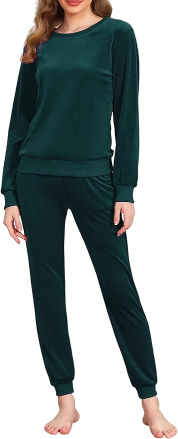Pijama Terciopelo Mujer Invierno Manga Larga Conjunto Chándal Cuello Redondo Cálido Suave Cómodo Ropa de Dormir para Casa