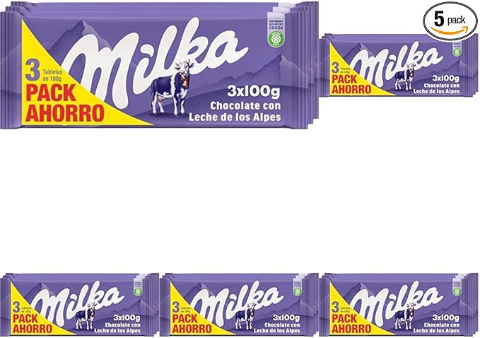 Milka Tableta de Chocolate con Leche de los Alpes Pack Ahorro 3 x 100g (Paquete de 5)