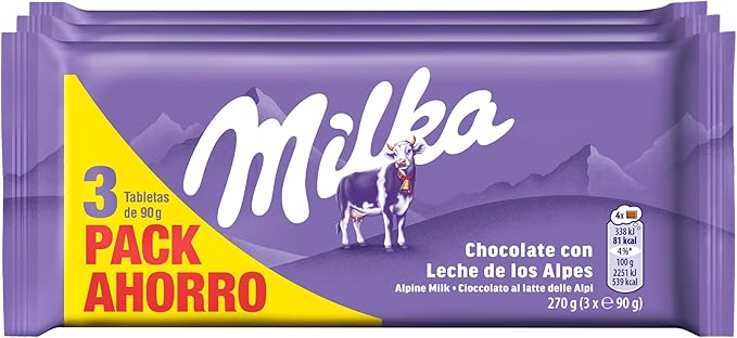 Milka Chocolate con Leche de los Alpes, Pack Ahorro 3 Tabletas, 90 g