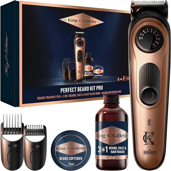 King C. Gillette Kit Barba Hombre, Pack Recortadora Barba Perfecta PRO + Mini Gel Limpiador Para Vello Facial Y Rostro 60ml + Mini Bálsamo Suave 25ml, Regalos Originales Para Hombre