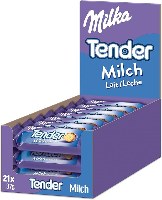 Milka Tender, Barritas de Bizcocho con Relleno de Leche Cubiertas de Chocolate con Leche de los Alpes, Pack de 21 x 37g