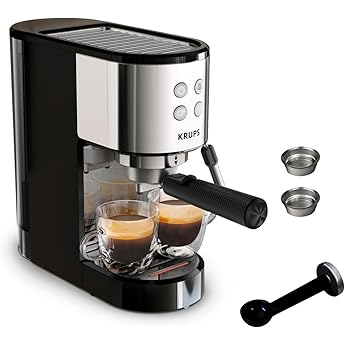Krups Cafetera Espresso Manual, Authentic+, 15 bares de presión, Espumador de leche, Ajuste Manual, Cuchara Medidora y Compactadora, Depósito de 2 L de capacidad, Negra, XP384G