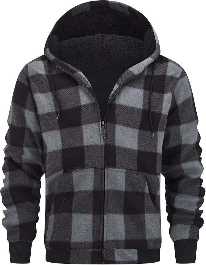 Sudadera Cuadros Hombre con Capucha Franela de Invierno Cálido Sudaderas Hombres Cremallera Forro Polar Hoodie