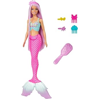 Barbie Muñeca Sirena con Cabello de fantasía Rosa y Morado y Diadema, Juguete con corpiño Inspirado de Conchas y Cola de Color Lavanda - para niños y niñas + 3 años, HRR06