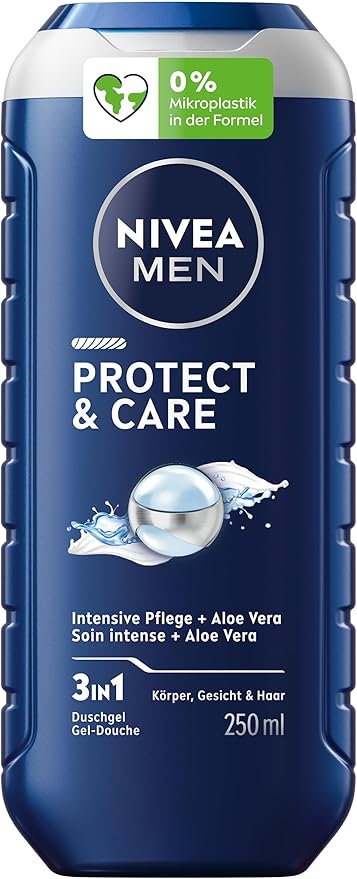 NIVEA MEN Protect & Care Gel de ducha, pH neutro para la piel, fórmula nutritiva con aloe vera natural para cuerpo, cara y cabello (250 ml)