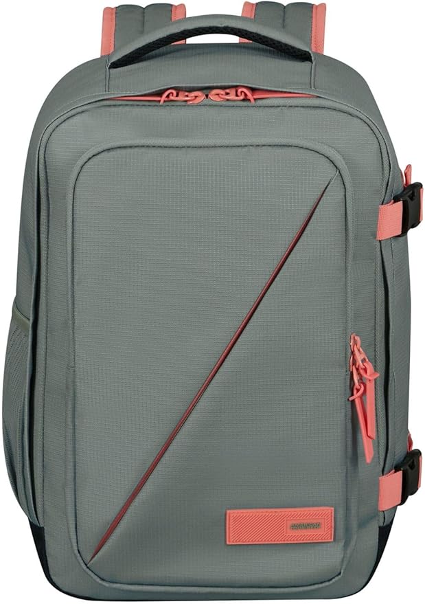 American Tourister Take2Cabin, bolsa de cabina Ryanair de 25 x 20 x 40 cm, 24 L, 0,50 kg, equipaje de mano, mochila de avión en forma de subasiento, gris/rosa (salvia y coral)