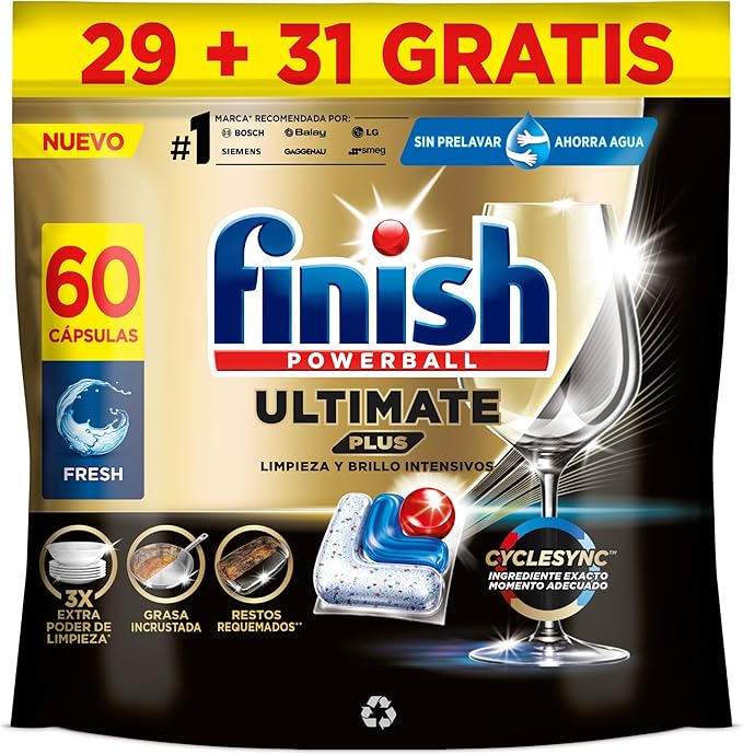 Finish Powerball Ultimate Plus All in 1 Pastillas Lavavajillas, Nuestra Máxima Limpieza y Brillo Diamante, 58 pastillas