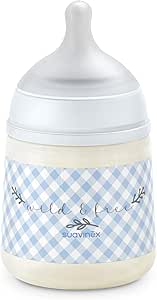 Suavinex, 150ml Bottle with Physiological SX Pro Silicone Teat with Anti-Colic Valve, Slow Flow (S) for Breast and Artificial Milk or Water, Babies +0 Months and Newborns, Wild&Free Blue