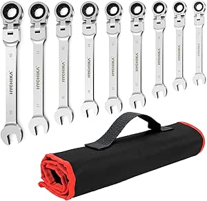 HYCHIKA Fixed Spanners with Ratchet 6-19 mm, 9pcs Ratchet Wrench with Roll Bag, Combination Spanners Set of Wrenches, Suitable for Car Repair, Industrial Maintenance