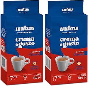 Lavazza, Crema e Gusto Classico, Natural Ground Coffee, Ideal for Italian, Filter and French Coffee Maker, with Aromatic Notes of Spices, Arabica and Robusta, Intensity 7, Dark Roast, 250 g