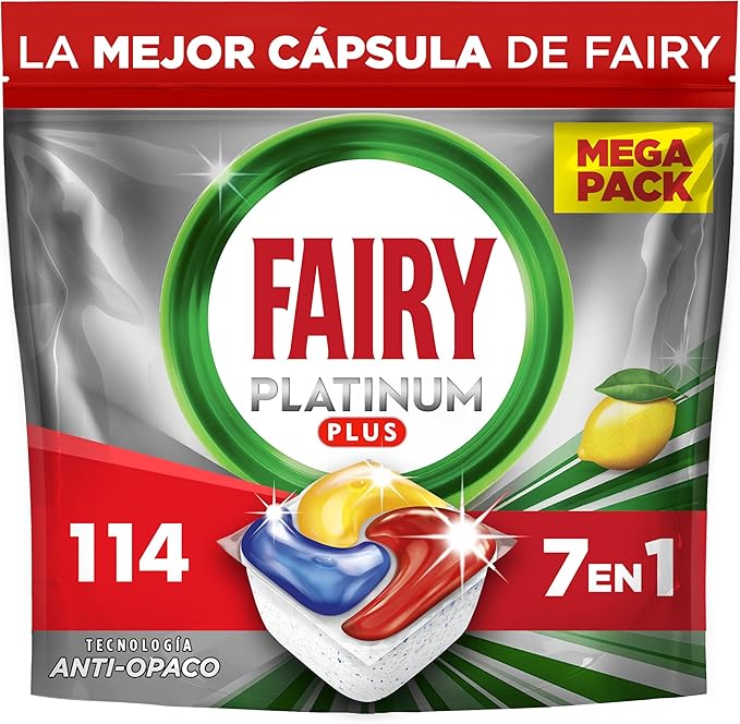 Fairy Platinum Plus Limón Cápsulas De Lavavajillas Todo En Uno, 114 Cápsulas, Nuestra Mejor Limpieza Que Deja Los Platos Como Nuevos, Elimina La Falta De Brillo Y Evita La Cal