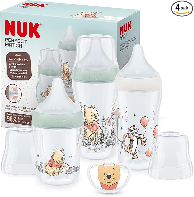 Set de biberones Perfect Match de NUK | +0-6 meses | Se adapta al bebé como el pecho de mama | 3 biberones anticólico y chupete Space | Winnie the Pooh de Disney | 4 uds.