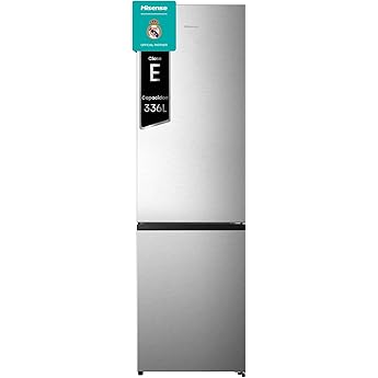 Hisense RB390N4BCC - Frigorífico Combi,No Frost, Inverter, Eficiente Clase C, Capacidad 304 L, 186 cm Al, Cajón Verduras, 4 Estrellas Congelador, Puerta Reversible, Silencioso 39dB, Color Blanco, Inox