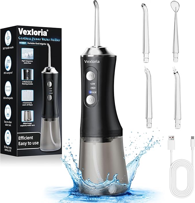 Irrigador Bucal Portatil Water Flosser, 300ML Irrigador Dental Profesional 4 Boquillas 3 Modos, Inalámbrico de Riego para Limpieza Dental IPX7 Impermeable, negro claro