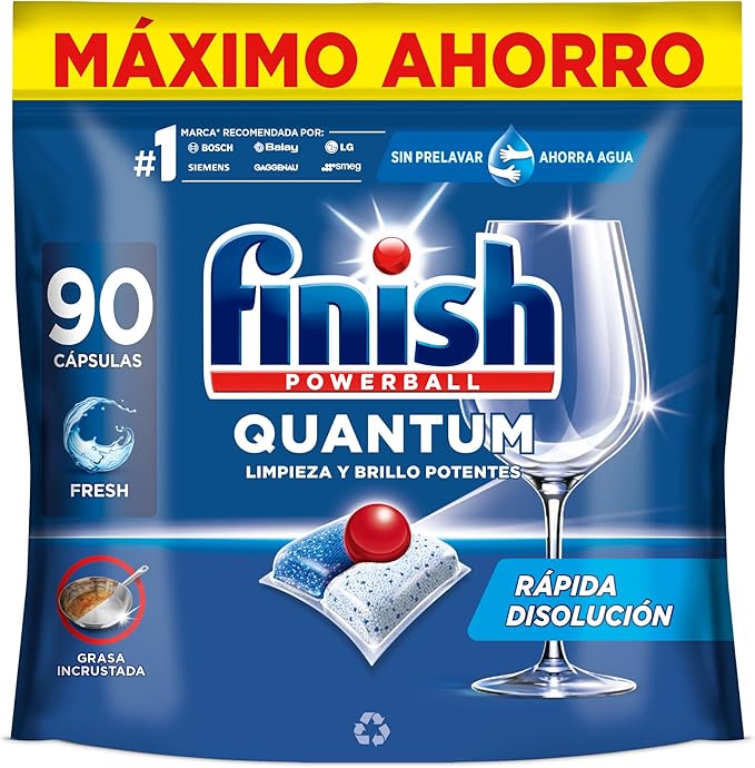 Finish Powerball Quantum All in 1 Pastillas para el lavavajillas todo en 1, limpieza profunda y brillo superior, 90 pastillas