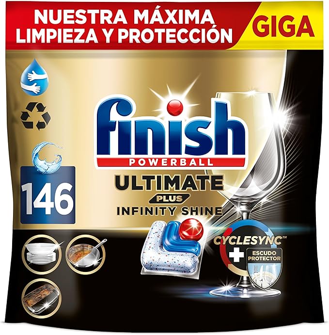 Finish Ultimate Plus Infinity Shine, Pastillas para el Lavavajillas, limpieza y brillo intensivos, y protección del cristal, 146 pastillas