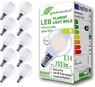 greenandco 10x LED Filament Bulb | Frosted | IRC 90+ | E14 G45 | 3.8W 703lm | Replaces 50W | 2700K Warm White | 320° | 230V | No Flicker | Efficiency Class B | Non-Dimmable