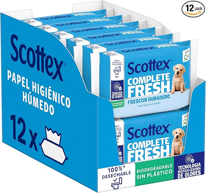 Scottex Papel Higiénico Húmedo Fresh con Agua Micelar y Vitamina E, Biodegradable y Sin Plástico, Caja 12 packs de 38 servicios, Total 456 Toallitas Húmedas Desechables por WC