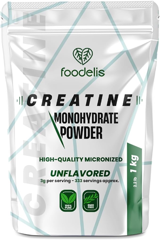 Foodelis Creatina Monohidratada en Polvo 1 kg / 333 Dosis - 100% Creatina Monohidrato Micronizada - Sin Sabor - Pura y Sin Aditivos - No-GMO - Alta Solubilidad - Incluye Dosificador