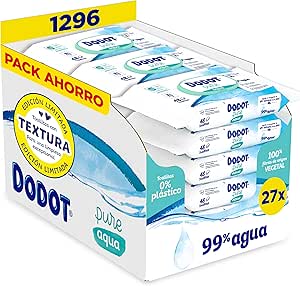 Dodot Pure Aqua Baby Wipes, 1296 Wipes (9 Packs of 48 Count, Pack of 3), Helps Restore Skin Natural PH, 99% Water, Plastic Free