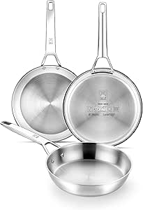 BRA Signature Set of 3 Frying Pans 20-24-26, Stainless Steel 18/10 Professional Non-Stick, Triple Bottom Diffuser Suitable for All Types of Cookers and Induction, Polished Finish