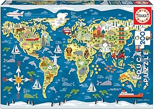 Educa - World Map, Sean Sims, Children's Puzzle of 200 Pieces, Approximate Measurement Once Assembled 40 x 28 cm, Composed of Large Pieces Perfectly Finished, Starting from 6 Years (19292)