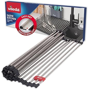 Vileda Alfombrilla de goteo para platos (30 x 40 cm, antideslizante, enrollable, ahorra espacio, ideal para vajilla, cubiertos y vasos, escurridor TPR)