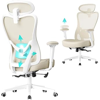 SONGMICS Silla de Oficina, Silla de Escritorio Ergonómica, Tela de Malla de Doble Capa Transpirable, Soporte Lumbar Adaptable, Reposacabezas Ajustables, para Oficina en Casa, Beige Arena OBN041L01