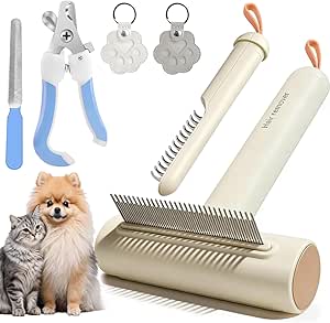 Cepillo Perro Cepillo Gato Cabezal de Peine Denso 3 en 1 Que Elimina el Subpelo y Rodillo Elimina el Pelo Suelto y los Nudos Cortauñas Perro con Bloqueo de Seguridad Llavero con Pelo de Mascota