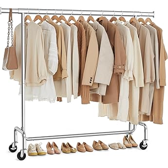 SONGMICS Burro Ropa con Ruedas, Perchero Burro Extensible con Carga Pesada, Capacidad de Carga Máx. de 100 kg, 45 x (92-132) x 161,5 cm, Fácil de Montar, Portátil, Plata HSR13S