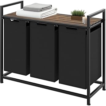 VASAGLE Cesto para Ropa Sucia, Cesta Colada, 3 Bolsas de Tela Oxford Extraíble y Desmontable, Estante, Marco Metálico, 3 x 40 L, 92,5 x 33 x 72 cm, Gris Pizarra y Gris Carbón BLH301G01