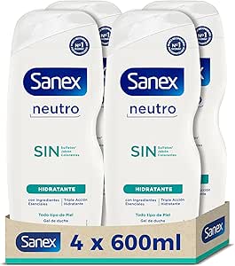 Sanex Neutral Moisturizing Shower Gel (4x600ml), with Essential Ingredients, 0% Sulphates*, 0% Soap and 0% Dyes, for All Skin Types, Lasting Hydration, Triple Action Technology