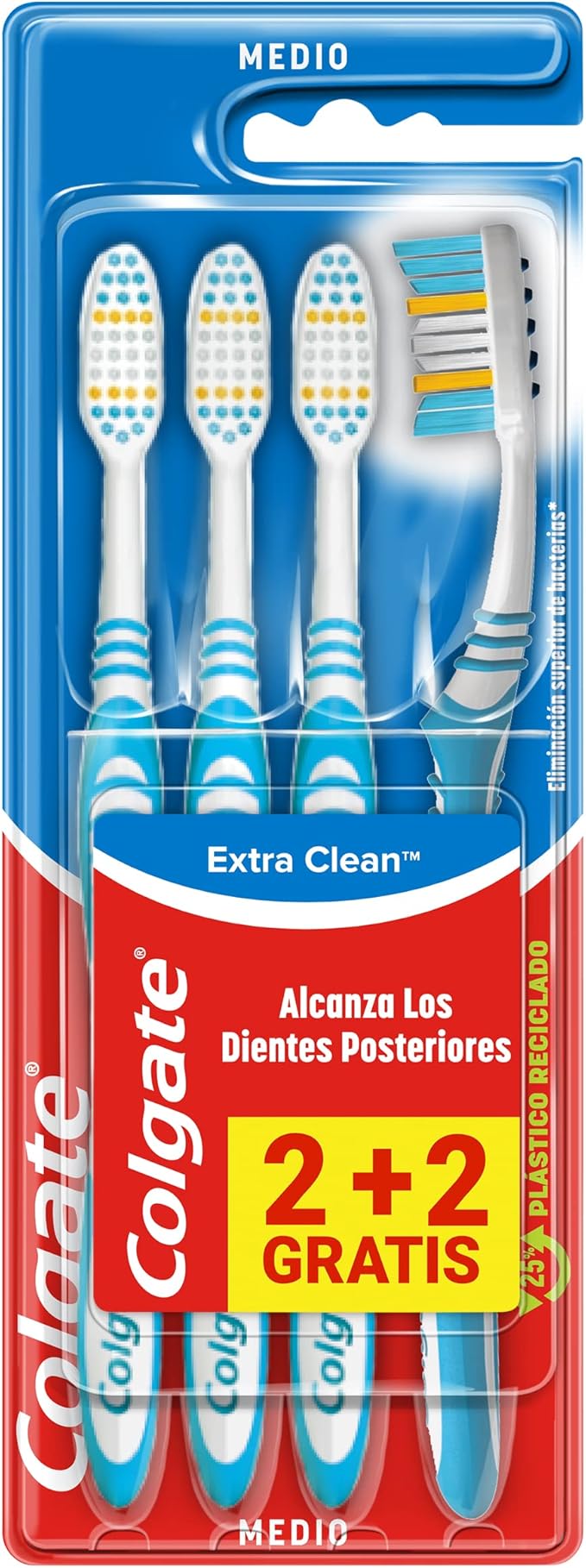 COLGATE Cepillo de dientes Extra Clean medio, limpia alcanzando hasta los dientes posteriores Pack 2+2, Multicolor (CP21509)