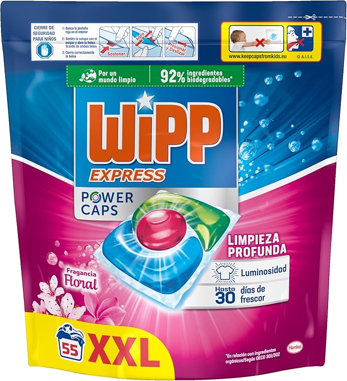 Wipp Express Power Caps Detergente Floral en Cápsulas para Lavadora, 55 Dosis, Limpieza Profunda, Eficaz en Agua Fría