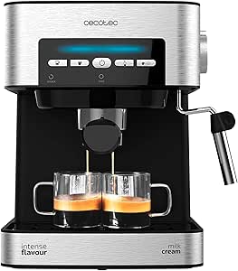 Cecotec Power Espresso 20 Matic. 850 W, 20 Bars, 1.5L, Double Output Arm, Vaporizer, Cup Warmer, Digital Controls, Stainless Steel Finishing, Black/Silver