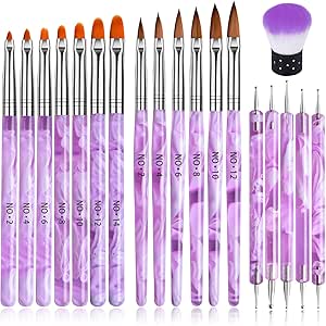 TOROKOM Juego de 19 Pinceles para Uñas con Gel UV y Acrílico - Set Completo con Pinceles para Poly Gel, Diseño de Uñas, Eliminador de Polvo y Dotting Pen - Uso Profesional en Salon o en Casa