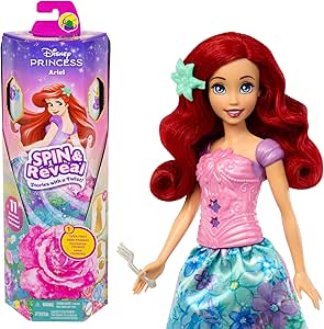 Mattel Disney Princess Spin & Reveal Ariel, Princess Doll with Flower Skirt, Includes 11 Surprises as 5 Accessories and 5 Stickers, Toy Gift for Boys and Girls +3 Years, HTV88