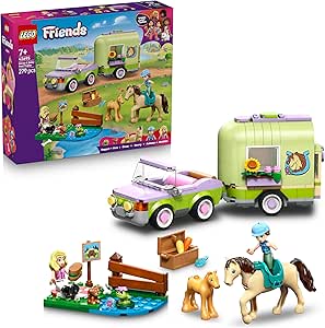 LEGO Friends Horse Trailer and Potrillo – Play Set with 4 Animal Figures including Toy Horses, Car, 2 Mini Dolls and Accessories – Birthday Gift for 7+ Year Old Girls – 42695