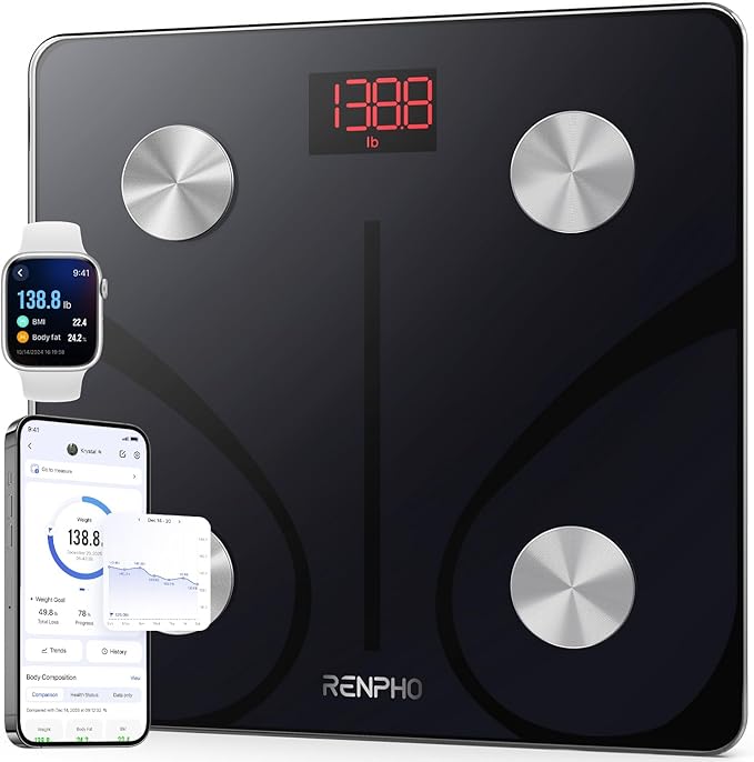 RENPHO Bascula de Baño Digital, Bascula Grasa Corporal y Muscular con App, Bascula Inteligente para Fitness, 13 Monitores de Composición Corporal Peso IMC Muscular, Elis 1