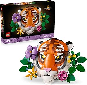 LEGO Art Wildlife Collection: Tiger - 3D Model for Adults with Botanical Floral Decoration - Home and Office Decoration - Tiger Picture - Gift for Women and Men 31217